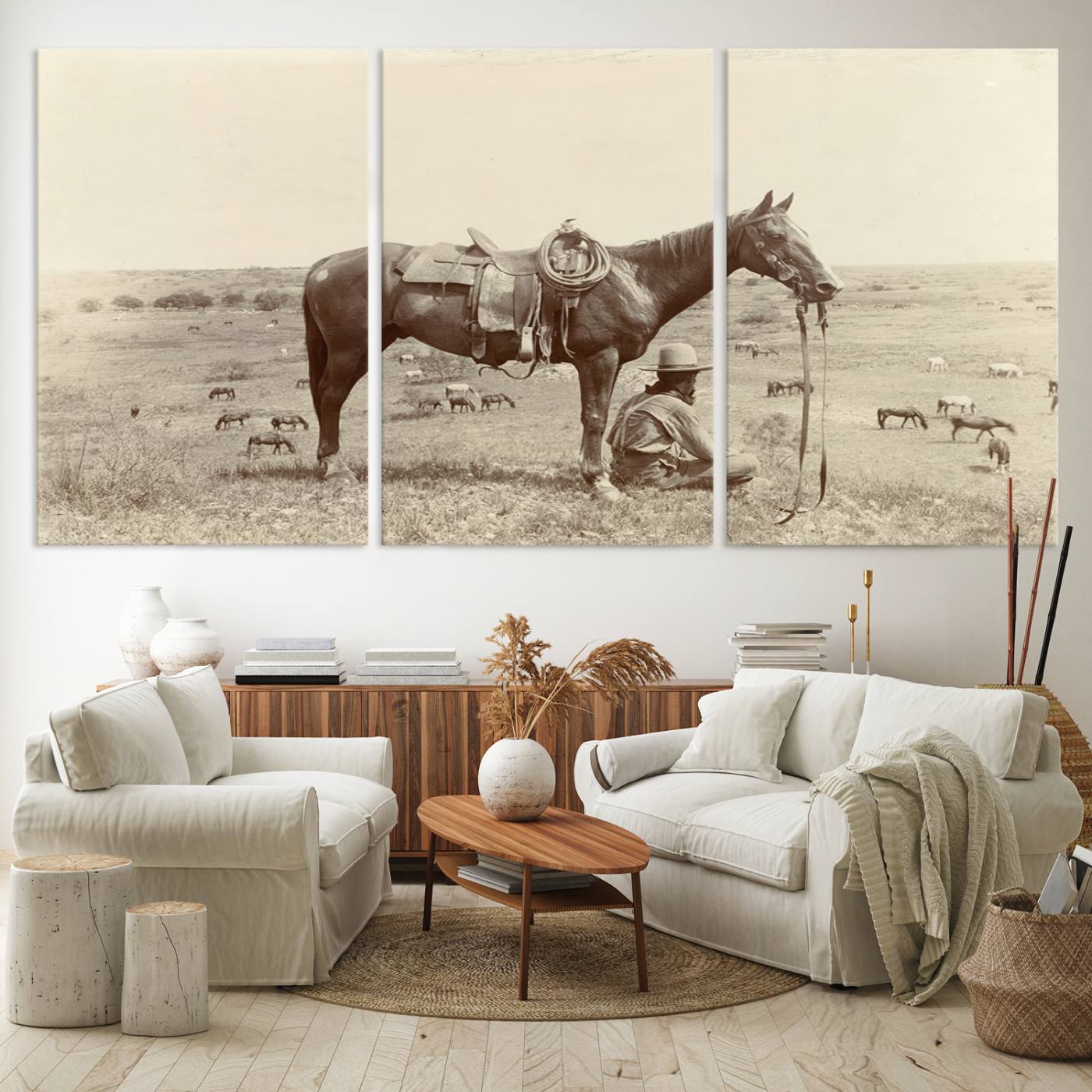 65028-MGV-CV-60X30-3P-Cowboy Wall Art - Western Horse Canvas Print - Vintage Western Wall Art Canvas Print, Ready to Hang