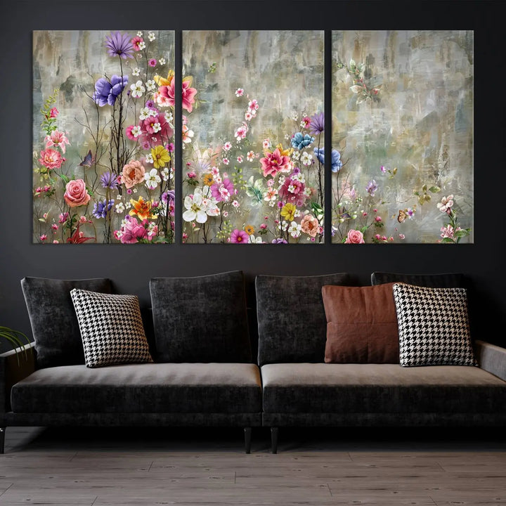 The Cozy Flowers Painting on Canvas Wall Art Floral Canvas Print is a three-panel floral masterpiece crafted on museum-quality canvas. It displays vibrant flowers set against a textured backdrop, ready to hang and protected by a UV-coating to ensure lasting vibrancy.