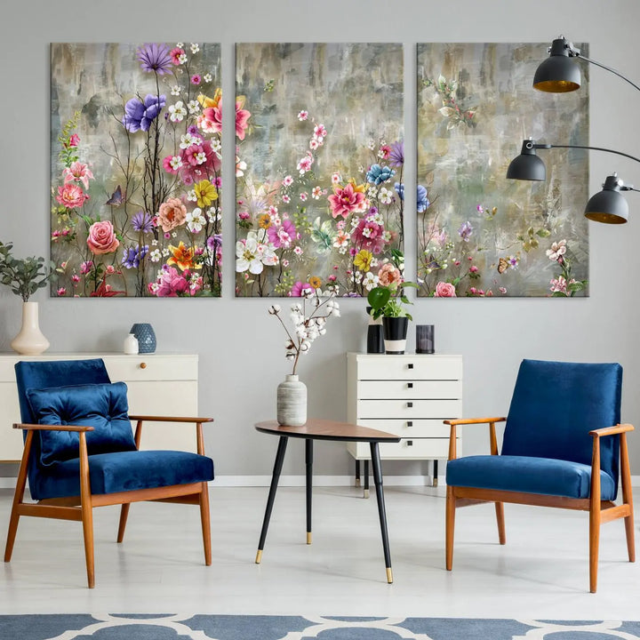 The Cozy Flowers Painting on Canvas Wall Art Floral Canvas Print is a three-panel floral masterpiece crafted on museum-quality canvas. It displays vibrant flowers set against a textured backdrop, ready to hang and protected by a UV-coating to ensure lasting vibrancy.