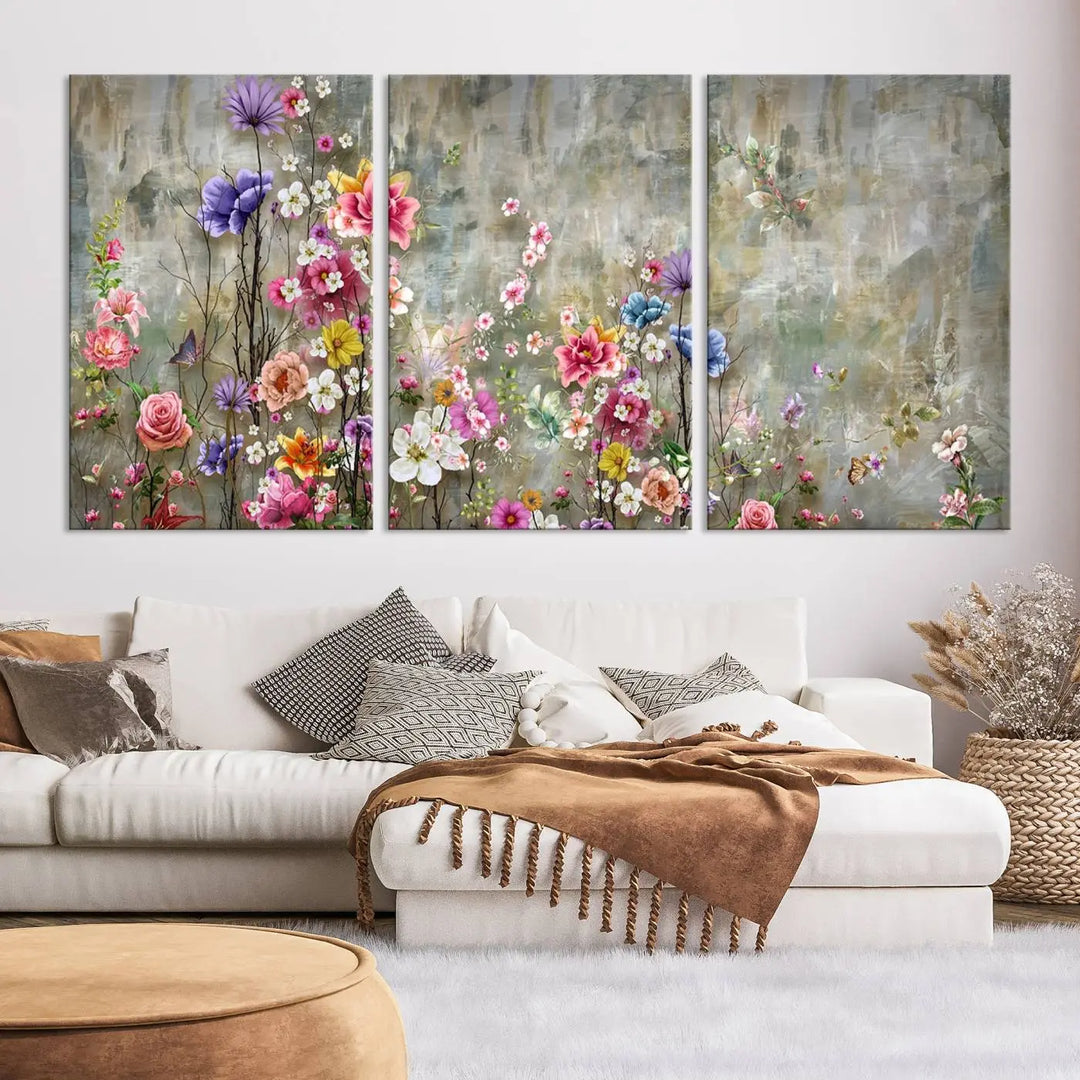 The Cozy Flowers Painting on Canvas Wall Art Floral Canvas Print is a three-panel floral masterpiece crafted on museum-quality canvas. It displays vibrant flowers set against a textured backdrop, ready to hang and protected by a UV-coating to ensure lasting vibrancy.