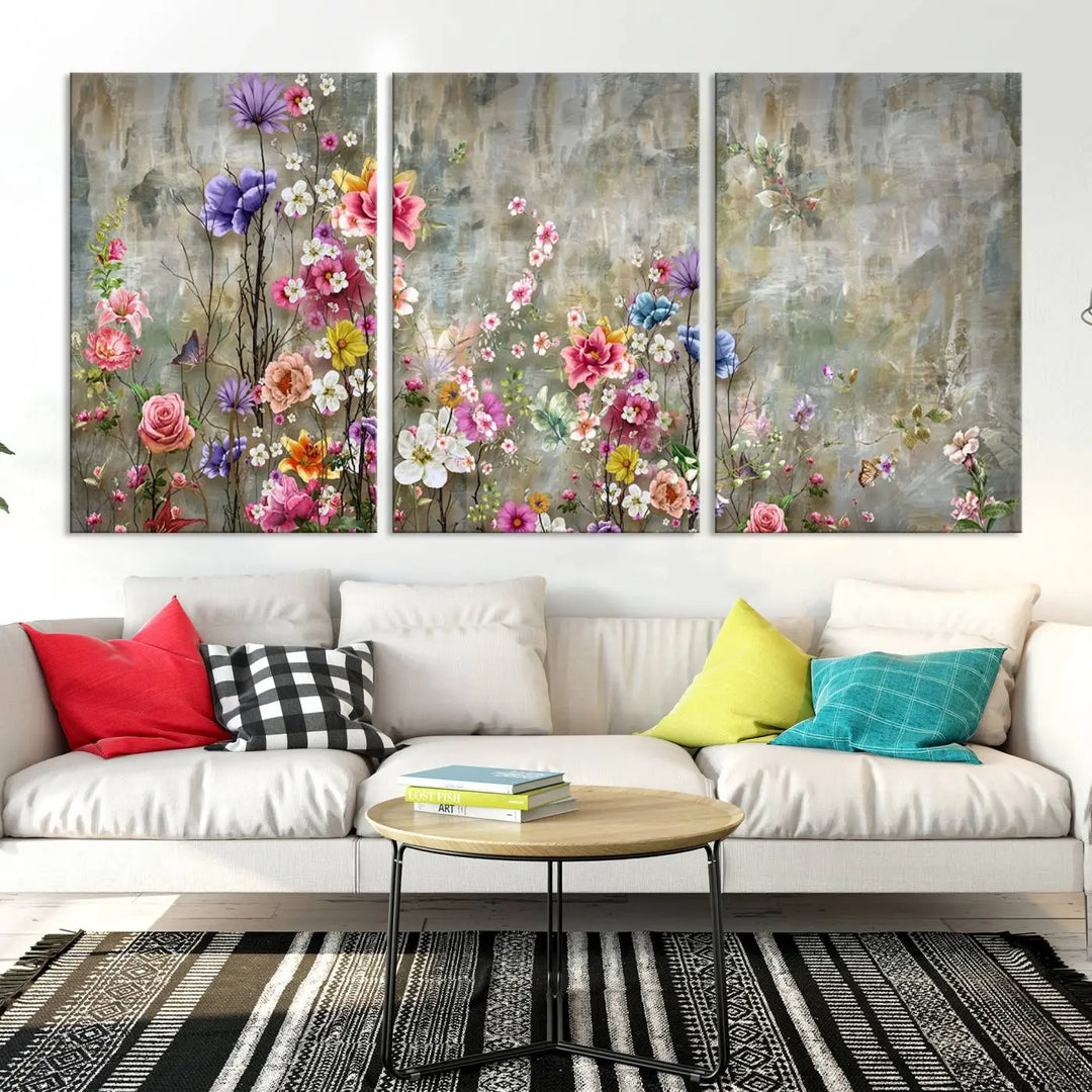 The Cozy Flowers Painting on Canvas Wall Art Floral Canvas Print is a three-panel floral masterpiece crafted on museum-quality canvas. It displays vibrant flowers set against a textured backdrop, ready to hang and protected by a UV-coating to ensure lasting vibrancy.