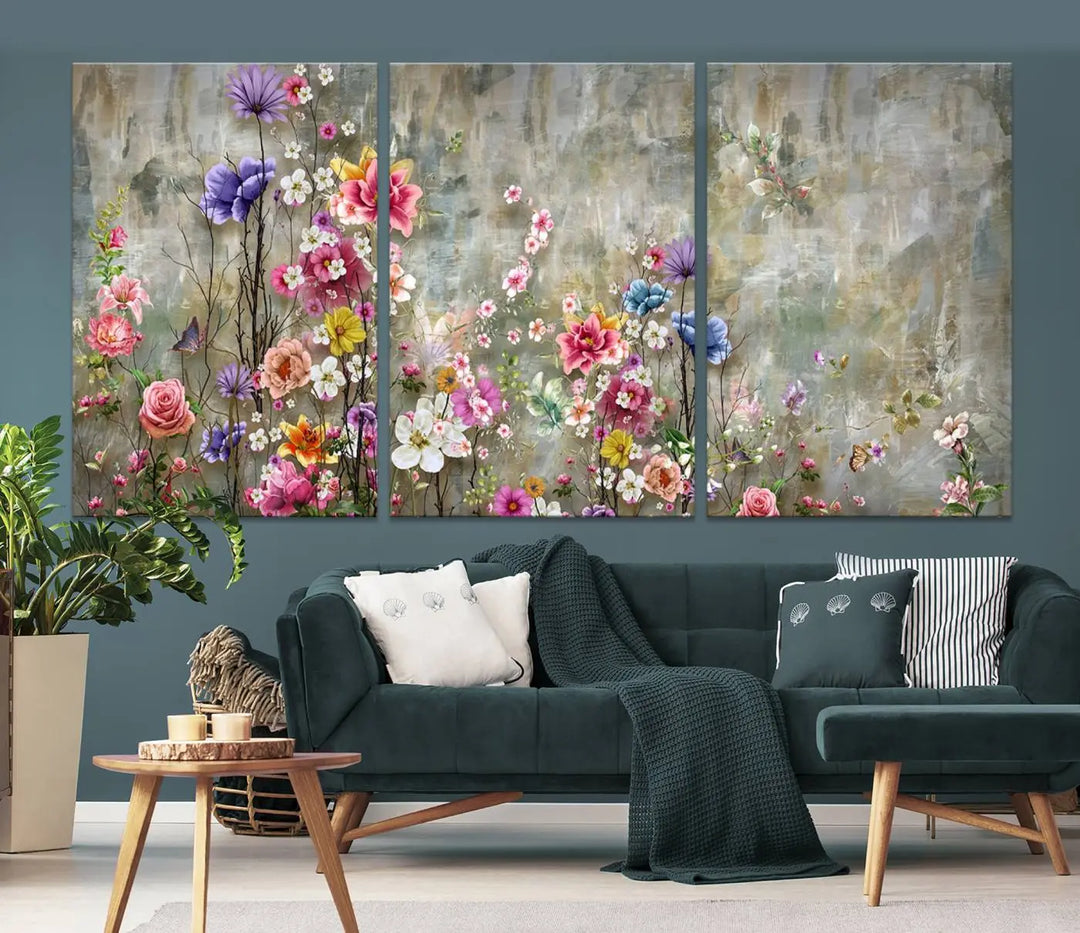 The Cozy Flowers Painting on Canvas Wall Art Floral Canvas Print is a three-panel floral masterpiece crafted on museum-quality canvas. It displays vibrant flowers set against a textured backdrop, ready to hang and protected by a UV-coating to ensure lasting vibrancy.