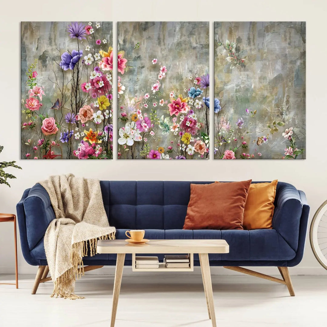 The Cozy Flowers Painting on Canvas Wall Art Floral Canvas Print is a three-panel floral masterpiece crafted on museum-quality canvas. It displays vibrant flowers set against a textured backdrop, ready to hang and protected by a UV-coating to ensure lasting vibrancy.