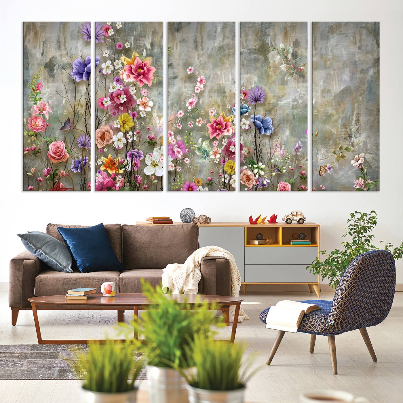 96650-MGV-CV-60X31-5P-Cozy Flowers Painting on Canvas Wall Art Floral Canvas Print