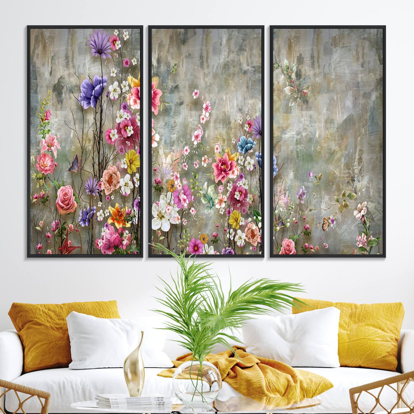 96650-MGV-FC-48X32-3P_Black-Cozy Flowers Painting on Canvas Wall Art Floral Canvas Print