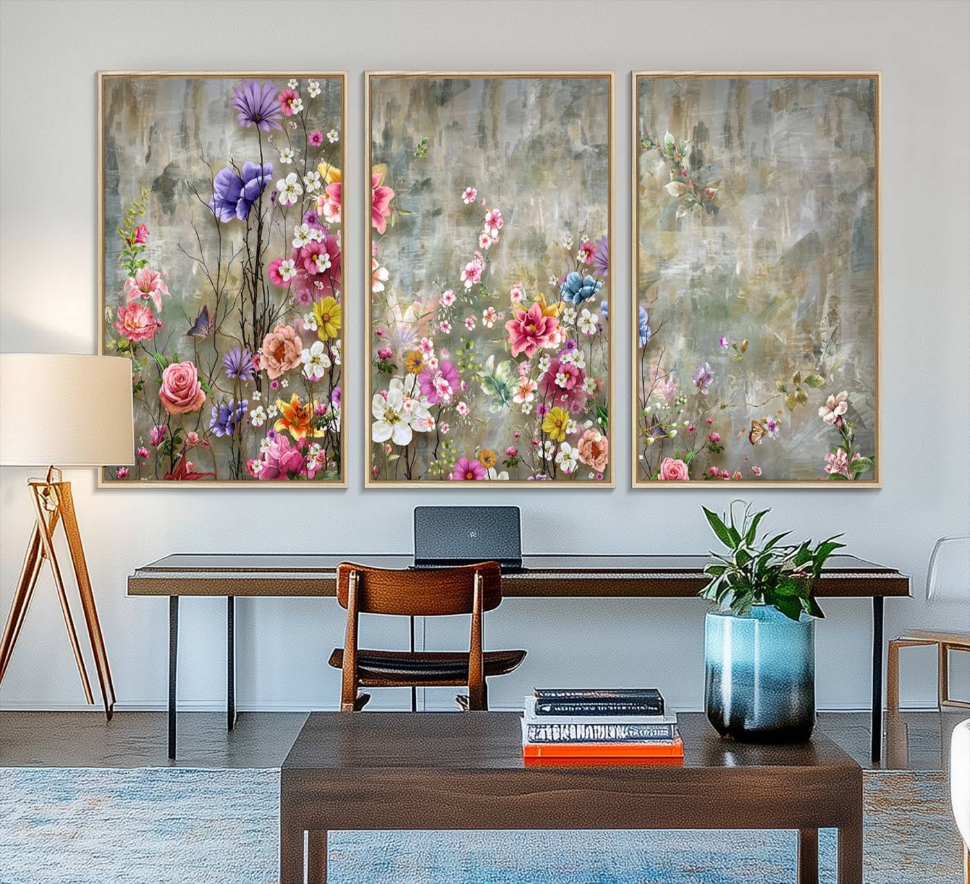 96650-MGV-FC-48X32-3P_Natural-Cozy Flowers Painting on Canvas Wall Art Floral Canvas Print