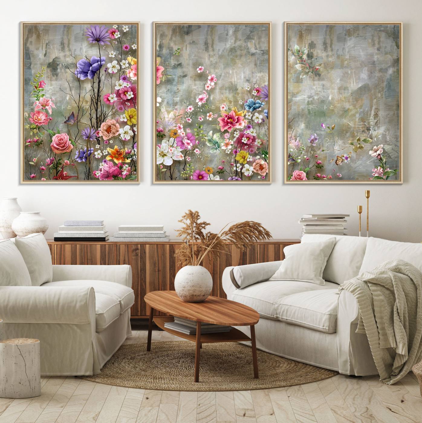 96650-MGV-FC-60X30-3P_Natural-Cozy Flowers Painting on Canvas Wall Art Floral Canvas Print