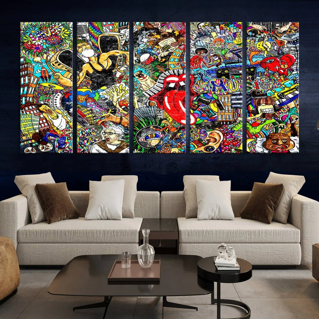 The Crazy Colors Music Vibes Wall Art Canvas Print showcases vibrant multi-panel abstract designs with colorful details on museum-quality canvas and is protected by a UV-coating.