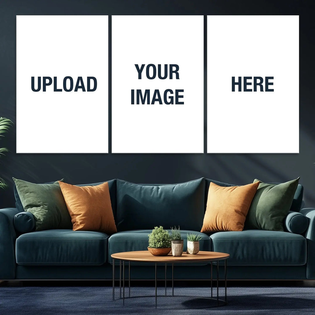 Three stunning "Create Your Own Photo Canvas Print - Personalized Wall Art" pieces enhance the dark wall behind.