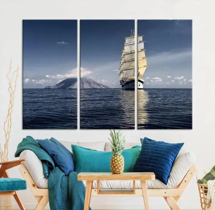 The wall art canvas print titled "Cruises and Luxury" features a three-panel depiction of a tall ship at sea with distant mountains. It is printed on museum-quality canvas with UV protection and comes ready to hang, highlighting its exquisite beauty in any living space.