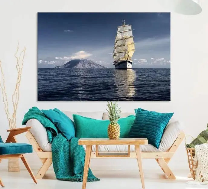 The wall art canvas print titled "Cruises and Luxury" features a three-panel depiction of a tall ship at sea with distant mountains. It is printed on museum-quality canvas with UV protection and comes ready to hang, highlighting its exquisite beauty in any living space.