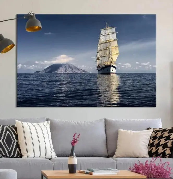 The wall art canvas print titled "Cruises and Luxury" features a three-panel depiction of a tall ship at sea with distant mountains. It is printed on museum-quality canvas with UV protection and comes ready to hang, highlighting its exquisite beauty in any living space.