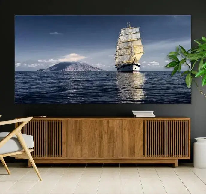 The wall art canvas print titled "Cruises and Luxury" features a three-panel depiction of a tall ship at sea with distant mountains. It is printed on museum-quality canvas with UV protection and comes ready to hang, highlighting its exquisite beauty in any living space.