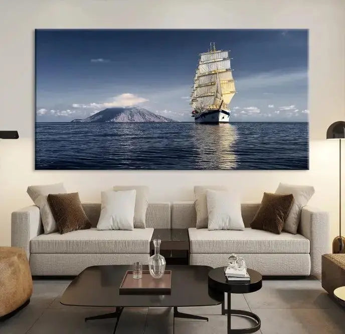 The wall art canvas print titled "Cruises and Luxury" features a three-panel depiction of a tall ship at sea with distant mountains. It is printed on museum-quality canvas with UV protection and comes ready to hang, highlighting its exquisite beauty in any living space.