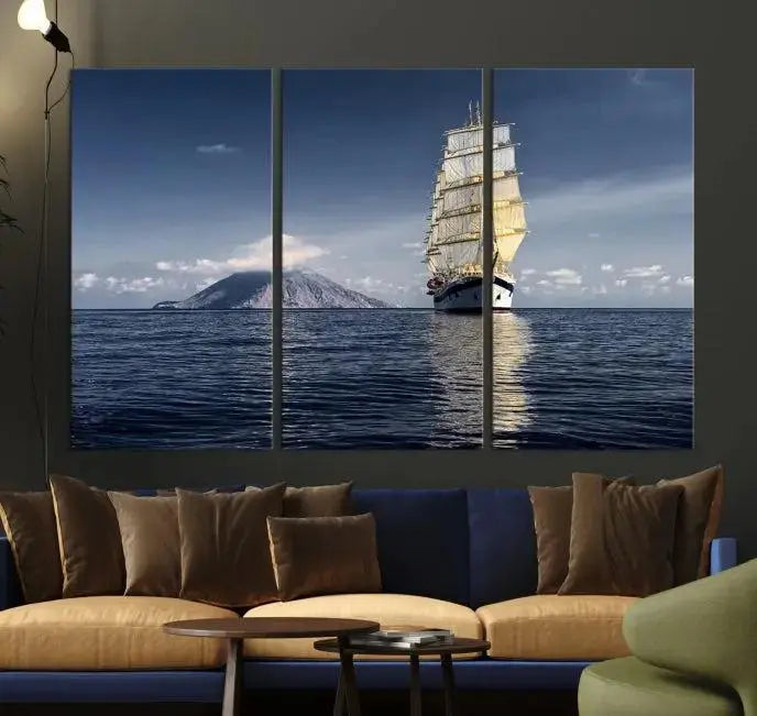 The wall art canvas print titled "Cruises and Luxury" features a three-panel depiction of a tall ship at sea with distant mountains. It is printed on museum-quality canvas with UV protection and comes ready to hang, highlighting its exquisite beauty in any living space.