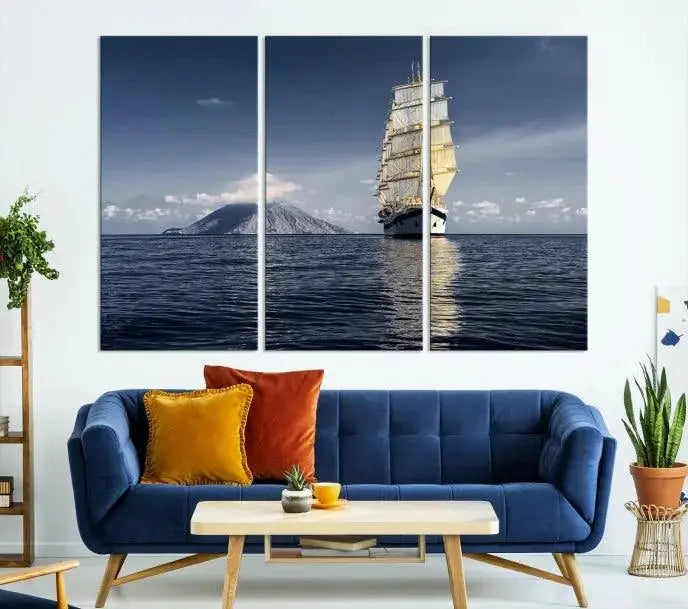 The wall art canvas print titled "Cruises and Luxury" features a three-panel depiction of a tall ship at sea with distant mountains. It is printed on museum-quality canvas with UV protection and comes ready to hang, highlighting its exquisite beauty in any living space.