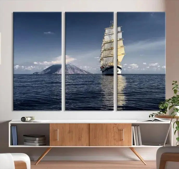 The wall art canvas print titled "Cruises and Luxury" features a three-panel depiction of a tall ship at sea with distant mountains. It is printed on museum-quality canvas with UV protection and comes ready to hang, highlighting its exquisite beauty in any living space.