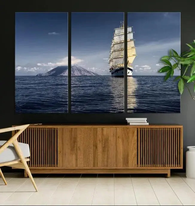 The wall art canvas print titled "Cruises and Luxury" features a three-panel depiction of a tall ship at sea with distant mountains. It is printed on museum-quality canvas with UV protection and comes ready to hang, highlighting its exquisite beauty in any living space.