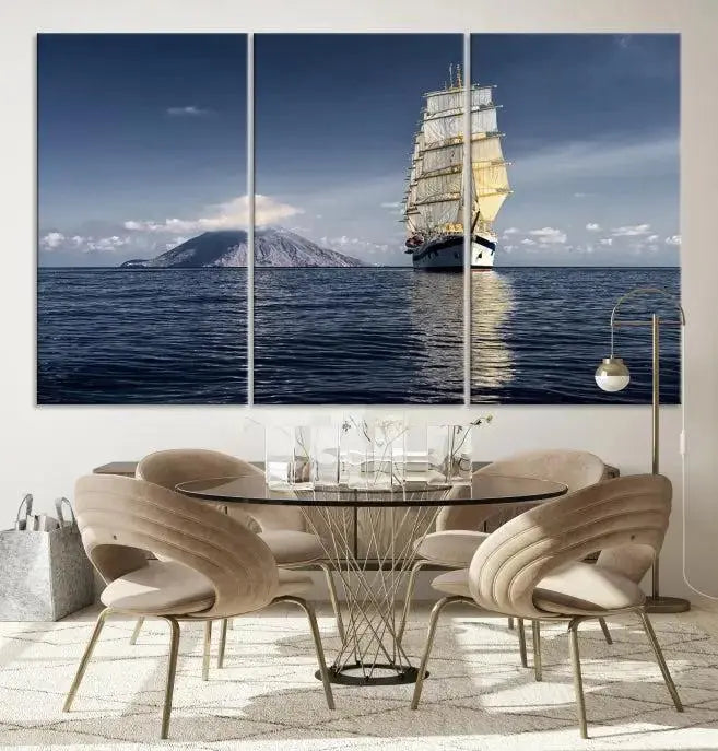 The wall art canvas print titled "Cruises and Luxury" features a three-panel depiction of a tall ship at sea with distant mountains. It is printed on museum-quality canvas with UV protection and comes ready to hang, highlighting its exquisite beauty in any living space.