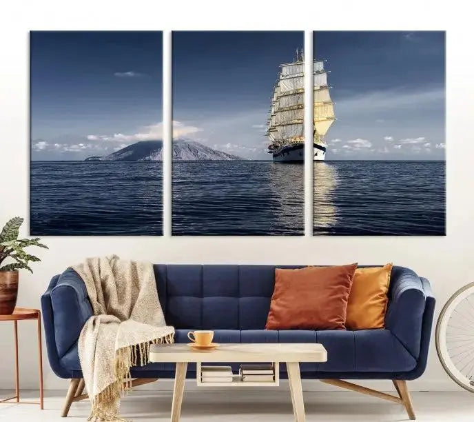 The wall art canvas print titled "Cruises and Luxury" features a three-panel depiction of a tall ship at sea with distant mountains. It is printed on museum-quality canvas with UV protection and comes ready to hang, highlighting its exquisite beauty in any living space.