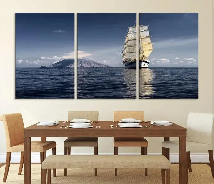 The wall art canvas print titled "Cruises and Luxury" features a three-panel depiction of a tall ship at sea with distant mountains. It is printed on museum-quality canvas with UV protection and comes ready to hang, highlighting its exquisite beauty in any living space.