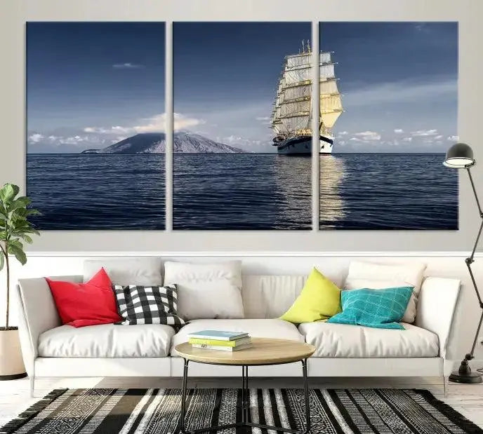 The wall art canvas print titled "Cruises and Luxury" features a three-panel depiction of a tall ship at sea with distant mountains. It is printed on museum-quality canvas with UV protection and comes ready to hang, highlighting its exquisite beauty in any living space.