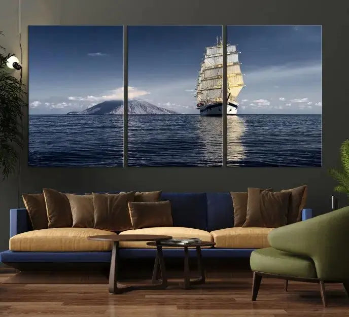 The wall art canvas print titled "Cruises and Luxury" features a three-panel depiction of a tall ship at sea with distant mountains. It is printed on museum-quality canvas with UV protection and comes ready to hang, highlighting its exquisite beauty in any living space.