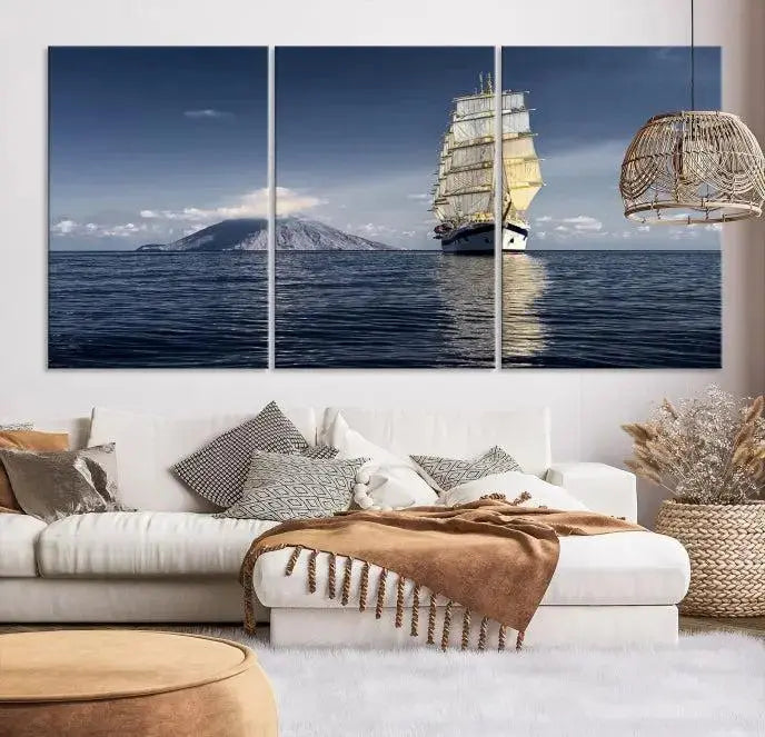 The wall art canvas print titled "Cruises and Luxury" features a three-panel depiction of a tall ship at sea with distant mountains. It is printed on museum-quality canvas with UV protection and comes ready to hang, highlighting its exquisite beauty in any living space.