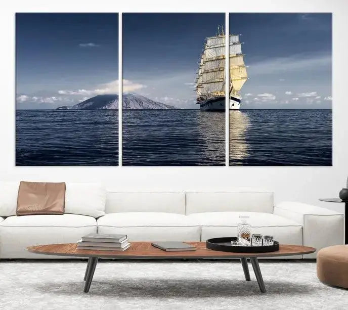 The wall art canvas print titled "Cruises and Luxury" features a three-panel depiction of a tall ship at sea with distant mountains. It is printed on museum-quality canvas with UV protection and comes ready to hang, highlighting its exquisite beauty in any living space.