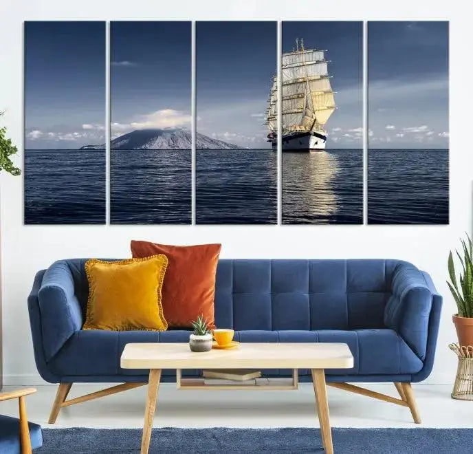 The wall art canvas print titled "Cruises and Luxury" features a three-panel depiction of a tall ship at sea with distant mountains. It is printed on museum-quality canvas with UV protection and comes ready to hang, highlighting its exquisite beauty in any living space.