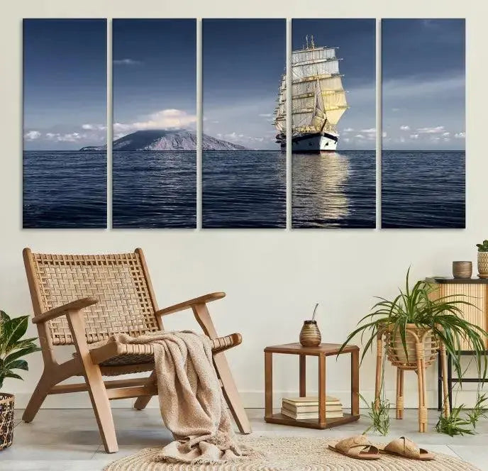 The wall art canvas print titled "Cruises and Luxury" features a three-panel depiction of a tall ship at sea with distant mountains. It is printed on museum-quality canvas with UV protection and comes ready to hang, highlighting its exquisite beauty in any living space.