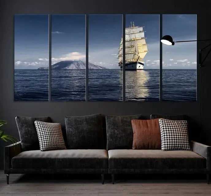 The wall art canvas print titled "Cruises and Luxury" features a three-panel depiction of a tall ship at sea with distant mountains. It is printed on museum-quality canvas with UV protection and comes ready to hang, highlighting its exquisite beauty in any living space.