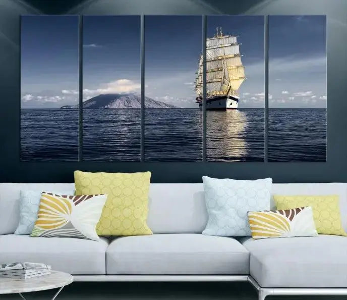 The wall art canvas print titled "Cruises and Luxury" features a three-panel depiction of a tall ship at sea with distant mountains. It is printed on museum-quality canvas with UV protection and comes ready to hang, highlighting its exquisite beauty in any living space.