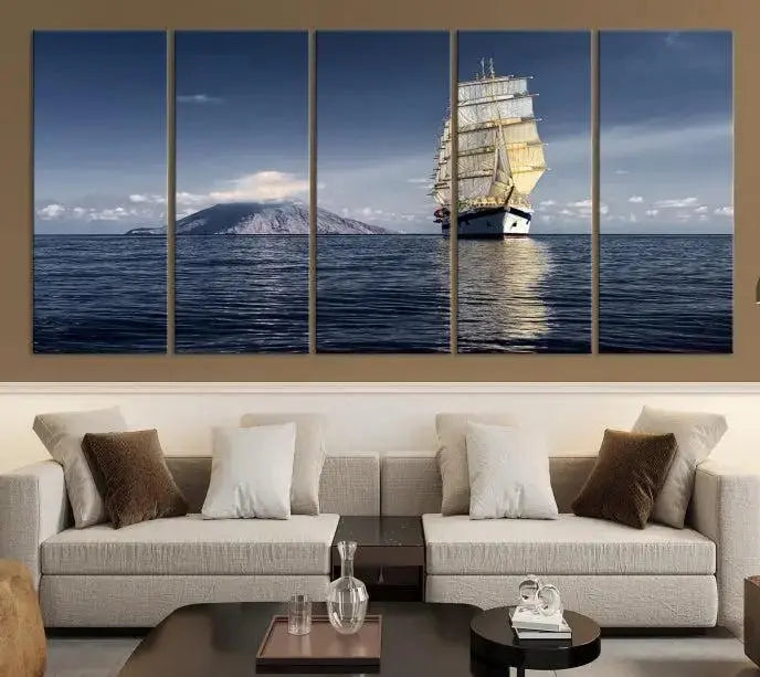 The wall art canvas print titled "Cruises and Luxury" features a three-panel depiction of a tall ship at sea with distant mountains. It is printed on museum-quality canvas with UV protection and comes ready to hang, highlighting its exquisite beauty in any living space.