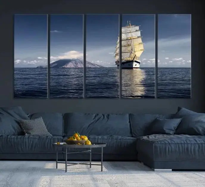 The wall art canvas print titled "Cruises and Luxury" features a three-panel depiction of a tall ship at sea with distant mountains. It is printed on museum-quality canvas with UV protection and comes ready to hang, highlighting its exquisite beauty in any living space.