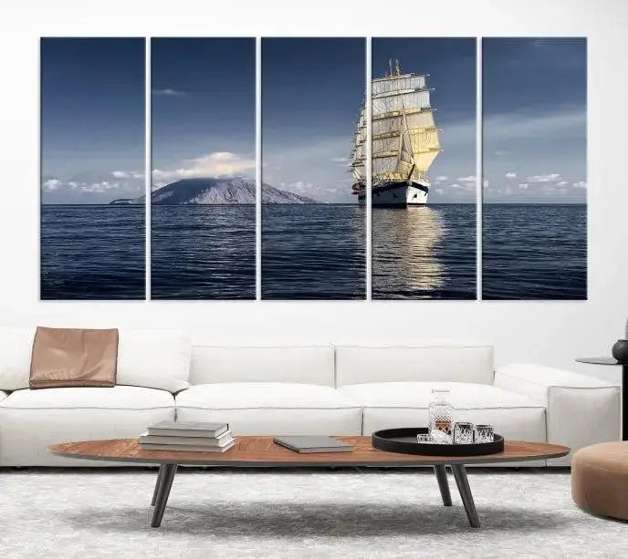 The wall art canvas print titled "Cruises and Luxury" features a three-panel depiction of a tall ship at sea with distant mountains. It is printed on museum-quality canvas with UV protection and comes ready to hang, highlighting its exquisite beauty in any living space.