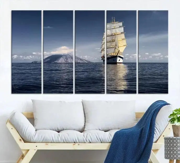 The wall art canvas print titled "Cruises and Luxury" features a three-panel depiction of a tall ship at sea with distant mountains. It is printed on museum-quality canvas with UV protection and comes ready to hang, highlighting its exquisite beauty in any living space.