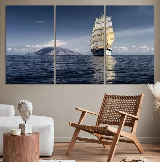 The wall art canvas print titled "Cruises and Luxury" features a three-panel depiction of a tall ship at sea with distant mountains. It is printed on museum-quality canvas with UV protection and comes ready to hang, highlighting its exquisite beauty in any living space.