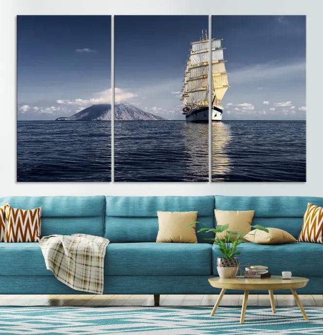 The wall art canvas print titled "Cruises and Luxury" features a three-panel depiction of a tall ship at sea with distant mountains. It is printed on museum-quality canvas with UV protection and comes ready to hang, highlighting its exquisite beauty in any living space.