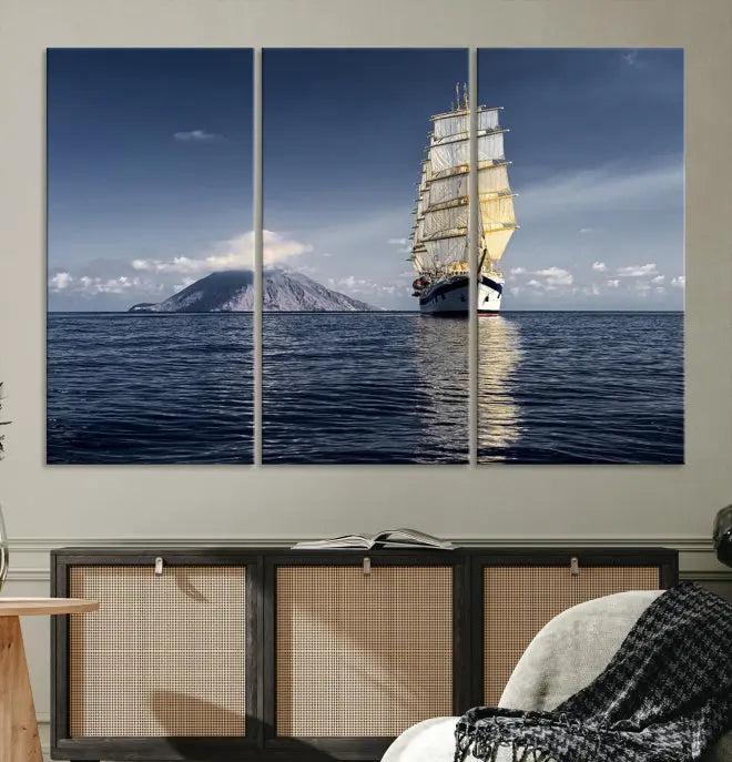 The wall art canvas print titled "Cruises and Luxury" features a three-panel depiction of a tall ship at sea with distant mountains. It is printed on museum-quality canvas with UV protection and comes ready to hang, highlighting its exquisite beauty in any living space.