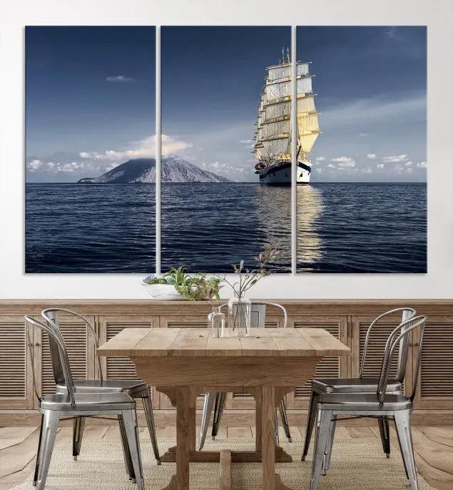 The wall art canvas print titled "Cruises and Luxury" features a three-panel depiction of a tall ship at sea with distant mountains. It is printed on museum-quality canvas with UV protection and comes ready to hang, highlighting its exquisite beauty in any living space.