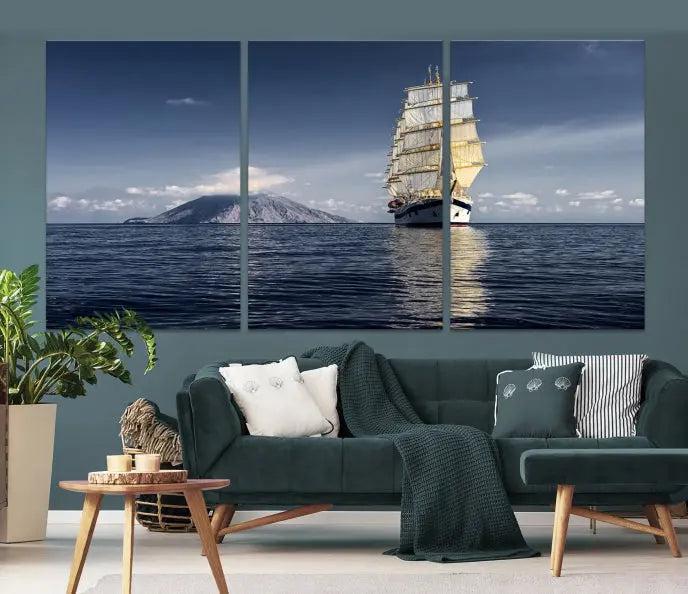 The wall art canvas print titled "Cruises and Luxury" features a three-panel depiction of a tall ship at sea with distant mountains. It is printed on museum-quality canvas with UV protection and comes ready to hang, highlighting its exquisite beauty in any living space.