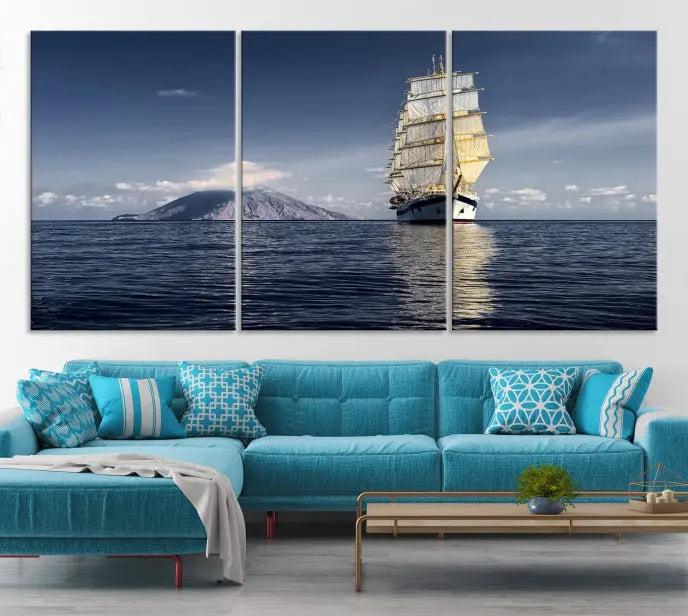 The wall art canvas print titled "Cruises and Luxury" features a three-panel depiction of a tall ship at sea with distant mountains. It is printed on museum-quality canvas with UV protection and comes ready to hang, highlighting its exquisite beauty in any living space.