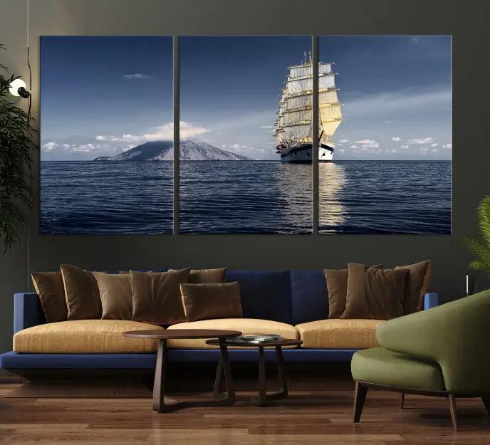 The wall art canvas print titled "Cruises and Luxury" features a three-panel depiction of a tall ship at sea with distant mountains. It is printed on museum-quality canvas with UV protection and comes ready to hang, highlighting its exquisite beauty in any living space.