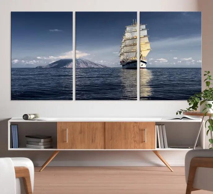 The wall art canvas print titled "Cruises and Luxury" features a three-panel depiction of a tall ship at sea with distant mountains. It is printed on museum-quality canvas with UV protection and comes ready to hang, highlighting its exquisite beauty in any living space.