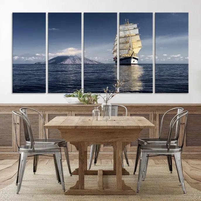 The wall art canvas print titled "Cruises and Luxury" features a three-panel depiction of a tall ship at sea with distant mountains. It is printed on museum-quality canvas with UV protection and comes ready to hang, highlighting its exquisite beauty in any living space.