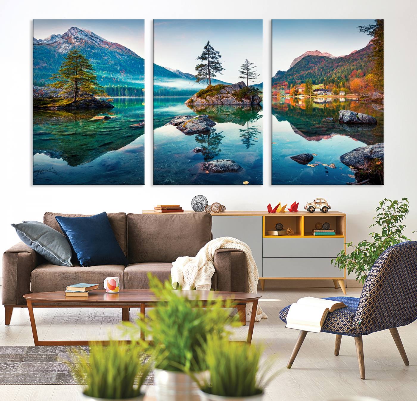 55009-MGV-CV-36X24-Crystal Clear Lake Wall Art | Mountains Wall Art Canvas | 3 Panel Large Landscape Print for Dining Room or Office | Ready to Hang Scenic