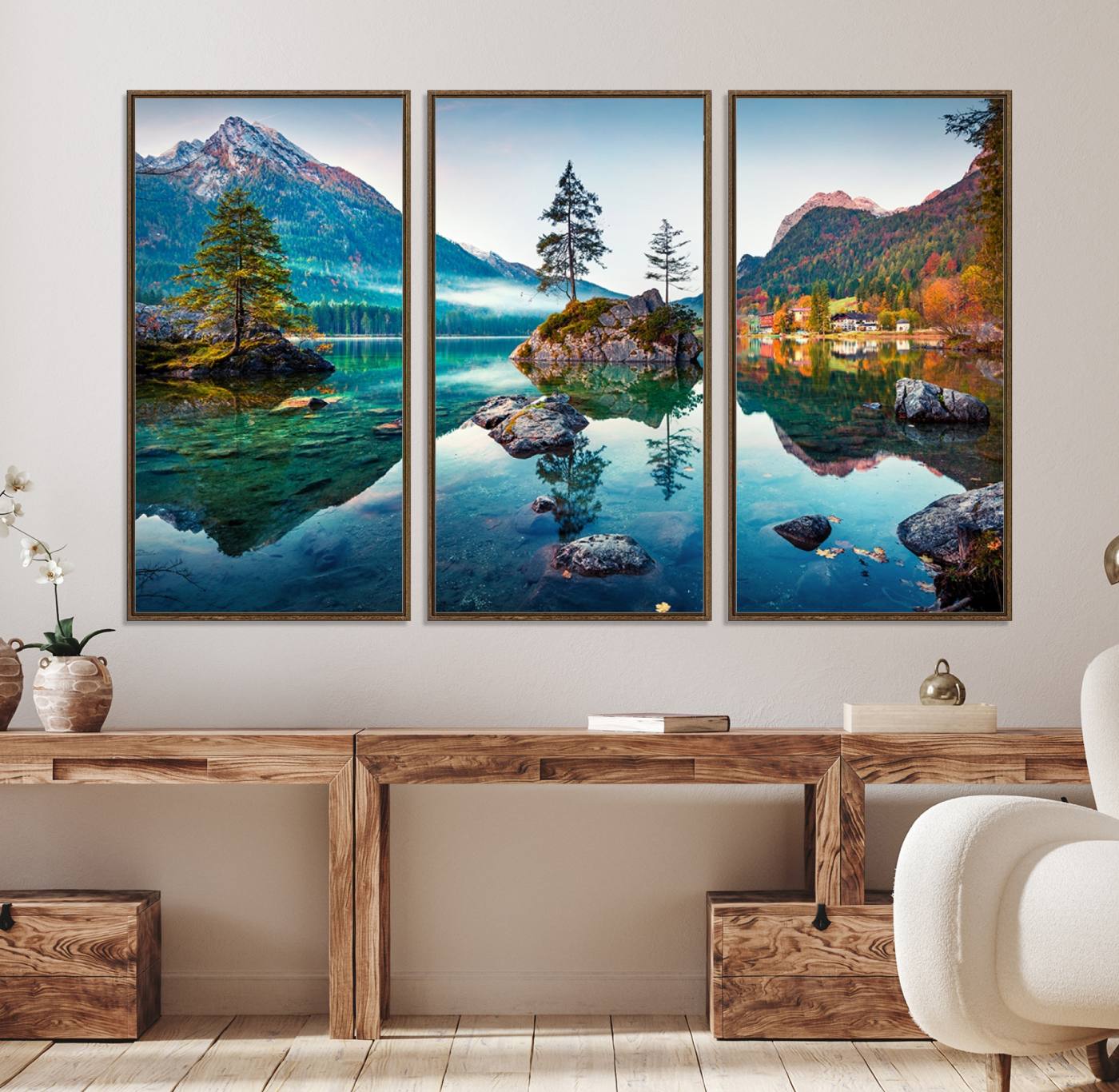 55009-MGV-CV-36X24-Crystal Clear Lake Wall Art | Mountains Wall Art Canvas | 3 Panel Large Landscape Print for Dining Room or Office | Ready to Hang Scenic
