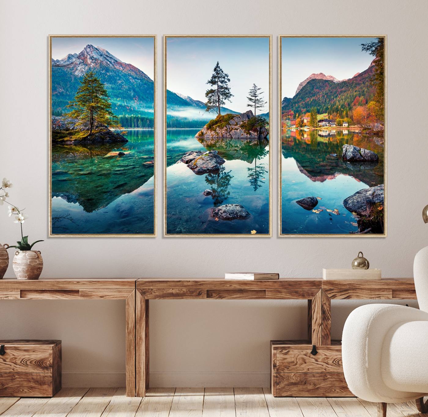 55009-MGV-CV-36X24-Crystal Clear Lake Wall Art | Mountains Wall Art Canvas | 3 Panel Large Landscape Print for Dining Room or Office | Ready to Hang Scenic