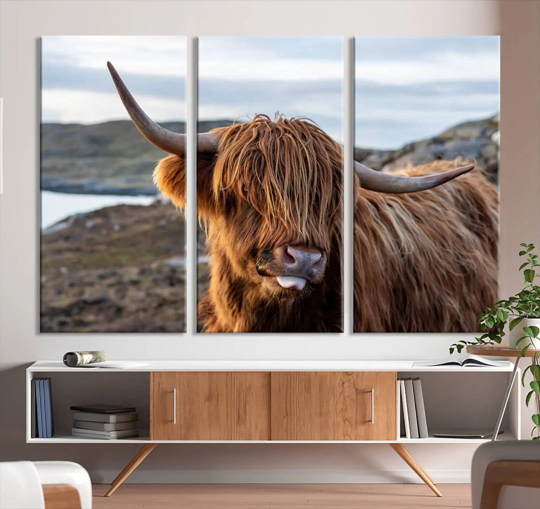 The Cuddly Highland Cow Canvas Photo Wall Art Print, featuring Highlands art and a cute animal theme, is gallery wrapped on museum-quality canvas with a UV-protective coating.